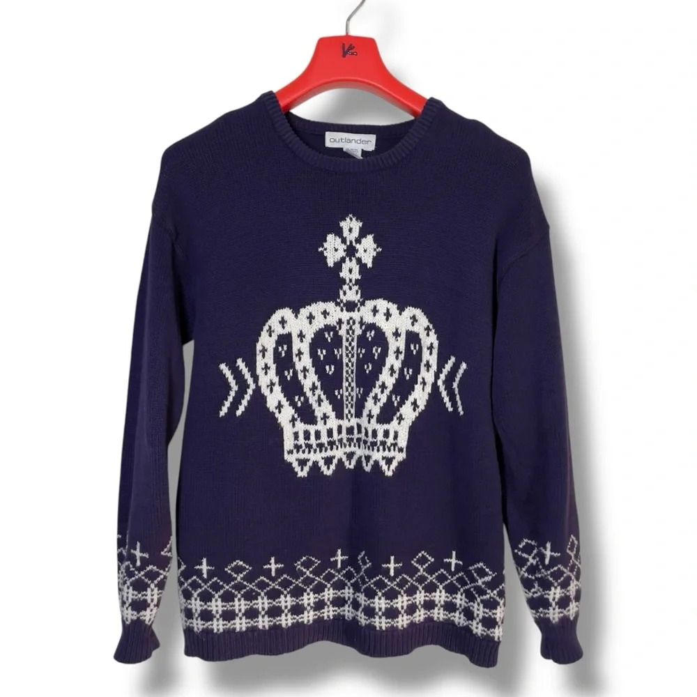 Vtg Purple Knit Sweater‎ Crewneck Pullover Royalty Crown Cross Motif Print Goth